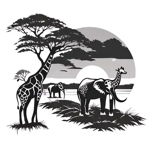 Kenyan sunset mid thigh s tattoo design with a tree in the background and a giraffe and elephant in a silhoue tattoo design idea