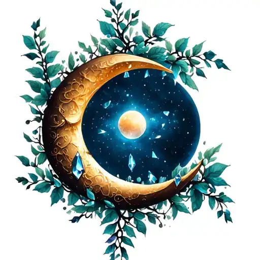 crescent moon with vines and crystals tattoo design idea