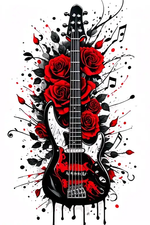 4 string bass guitar surrounded by musical notes flowing and red roses tattoo design idea