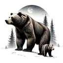 A realistic bear walking with a cub surrounded by trees, and willows with ursa major and ursa minor in the sky tattoo design idea