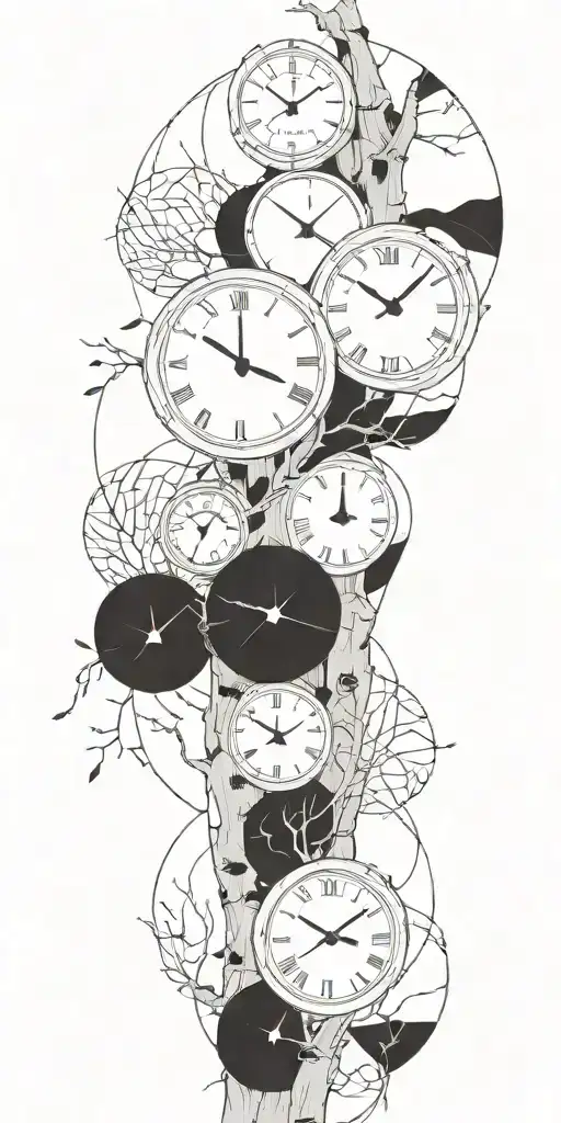 birch tree branches with three clocks integrated into it for an arm sleeve tattoo design idea