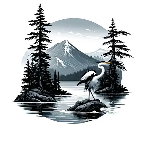 mountian,running water, cypress trees,great blue heron tattoo design idea