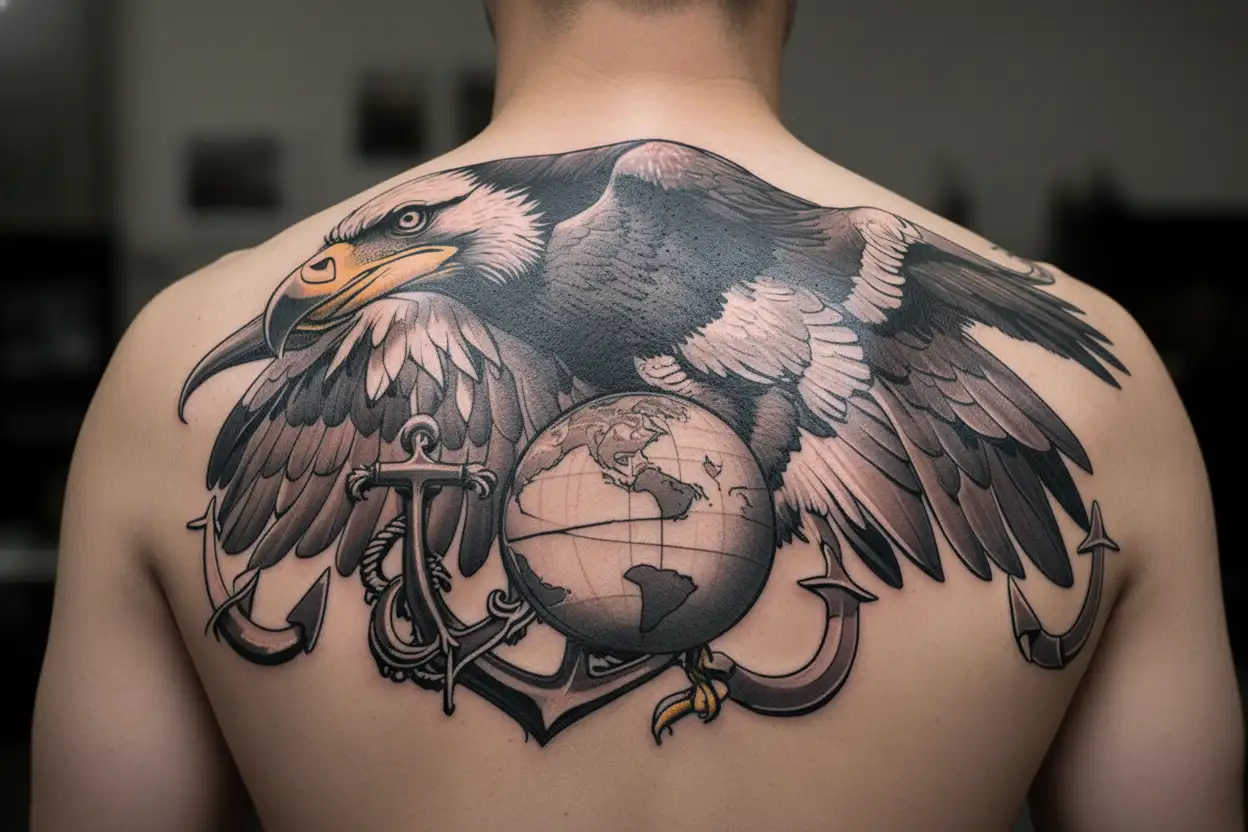 usmc eagle globe and anchor but add an osprey bird of prey tattoo design idea