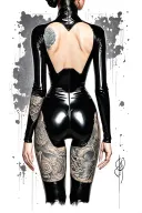 Woman in full latex catsuit from the back with camel toe tattoo design idea