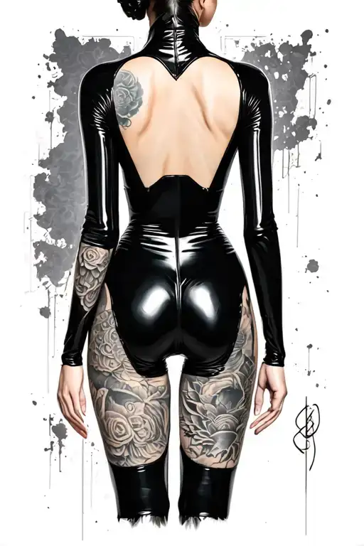 Woman in full latex catsuit from the back with camel toe tattoo design idea