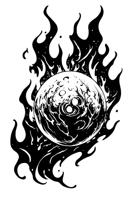 white orb in fire flames tattoo design idea
