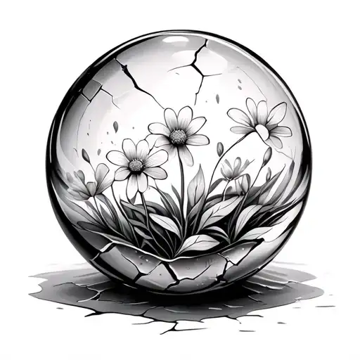 Glass ball with seed and flowers blooming with cracks to represent resilience tattoo design idea