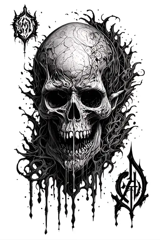 Raw Blackwork Cyber Sigils Gothic Lettering Anatomical Brush Strokes Bold High Contrast Full-Body Horror tattoo design idea