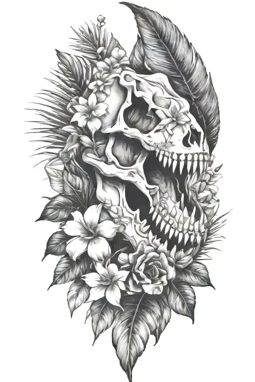 tropical leaves with flowers an T Rex skull tattoo design idea