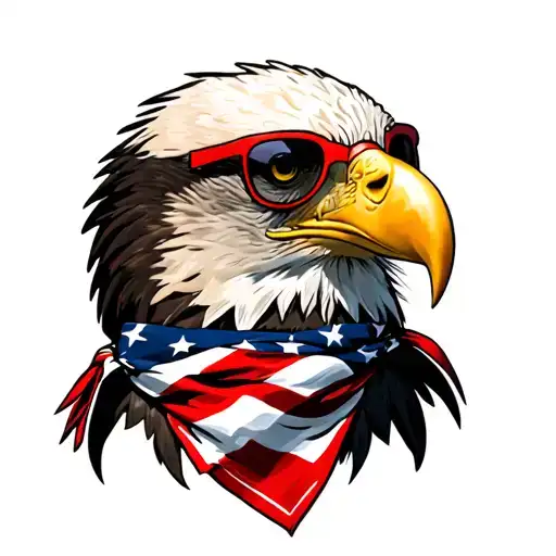 Bald Eagle wearing an American Flag bandana and red framed sunglasses. tattoo design idea