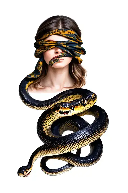 a realistic close-up of a woman's face, with her eyes covered with a cloth. A snake should be coiled around the face tattoo design idea