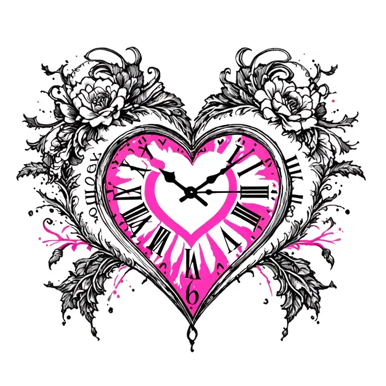 "Mélanie" black pink heart clock tattoo design idea