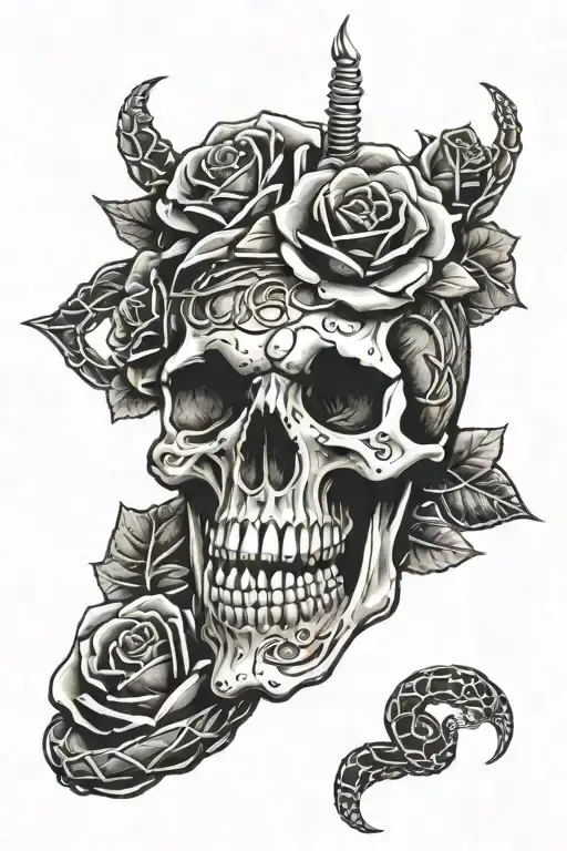 skull with snake wrapped around with roses and barbed wire  tattoo design idea