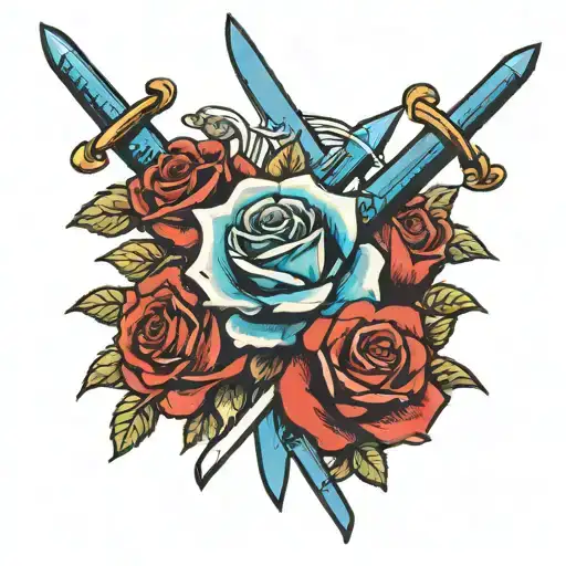 Blue rose and crossing swords tattoo design idea