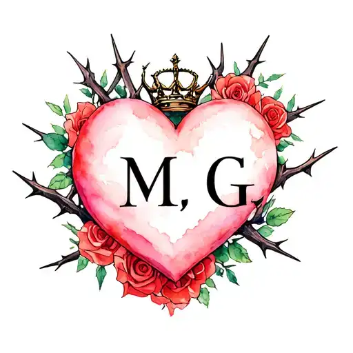 "M G" heart surrounded by thorns and roses with a crown adorned tattoo design idea