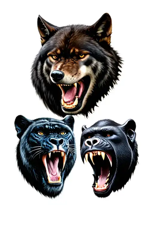 wolf head facing a Panther head both snarling at each other. Below that, a black mamba head facing a gorilla head tattoo design idea