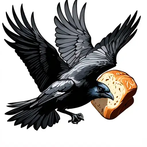 raven flying with a loaf of bread tattoo design idea