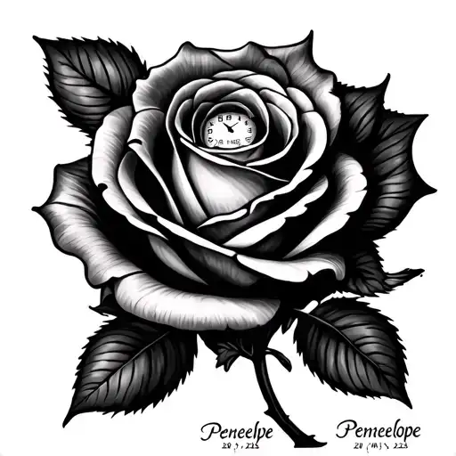 have the name Penelope wrote within the stem of a rose and also a clock with the time in 20:02 with date 02/03/2023 tattoo design idea