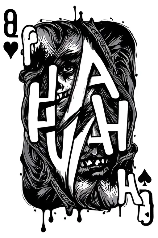 Big HA HA HA text, staggered, dripping slightly like wet paint. A Joker playing card with a very simplified Heath Ledger tattoo design idea