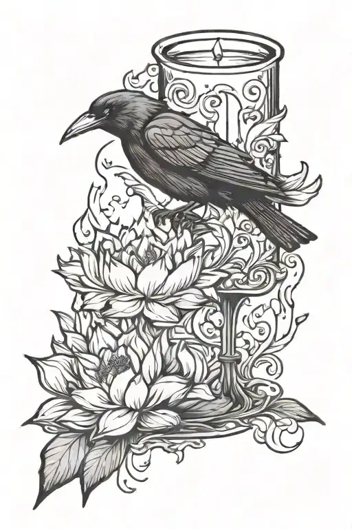candle burning at both ends, lotus and gothic raven tattoo design idea
