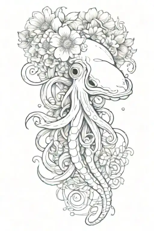 big squid holding flowers tattoo design idea