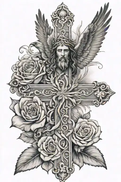Jesus cross, bird with a flower resembling fly high in the sky and prayer hands with the scripture proverbs 31:29 tattoo design idea