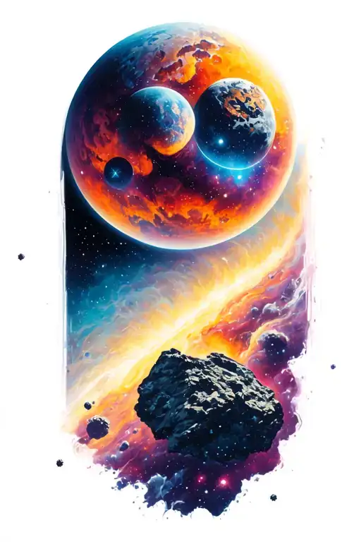 outer space, planet, asteroid, bold colors tattoo design idea