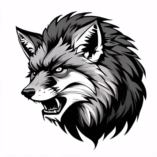 angry lion watching over fox tattoo design idea