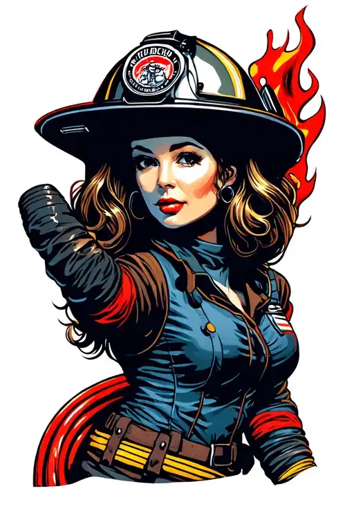 firefighter pinup girl with fire hose wearing motorcycle helmet  tattoo design idea