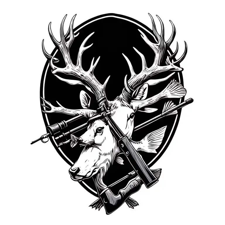 rifle, arrow, deer antlers, fishing rod, fish intertwined tattoo design idea