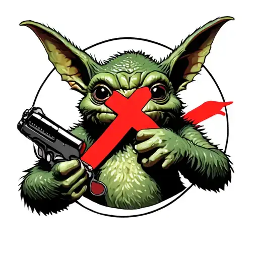 a drawing of guizmo (in the movie gremlins) which is crossed out in a circle (like the ghostbusters logo), guizmo is holding a sk tattoo design idea