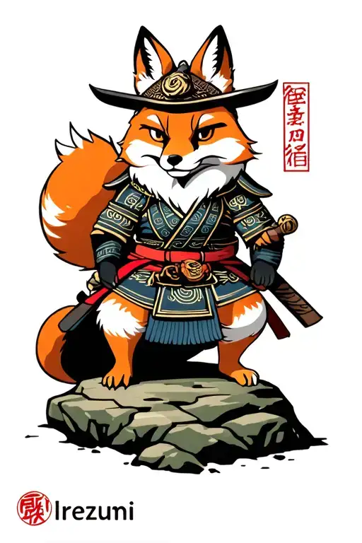 anthropomorphic samurai fox on rock tattoo design idea