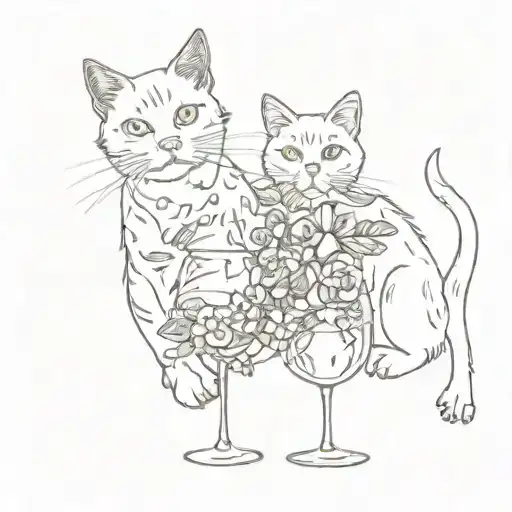 2 cats, some flowers, a glass of wine tattoo design idea
