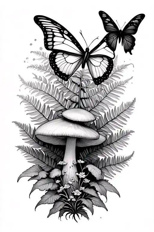 mushroom frog fern butterfly tattoo design idea
