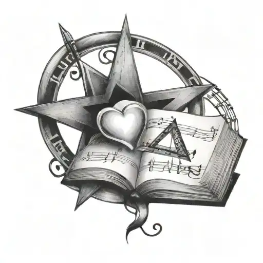 pentagram with heart, open book, music note combined tattoo design idea