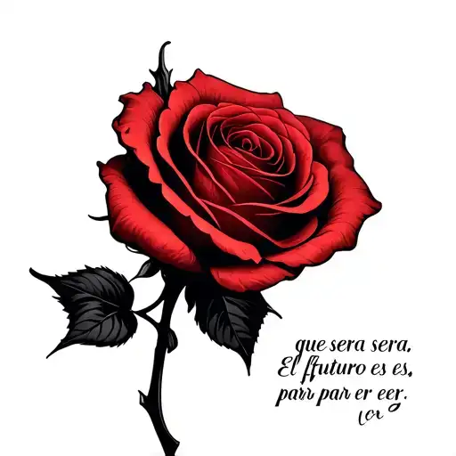 i want anred rose with a black stem the stem must have the quote "que sera sera, El futuro es para er ver tattoo design idea