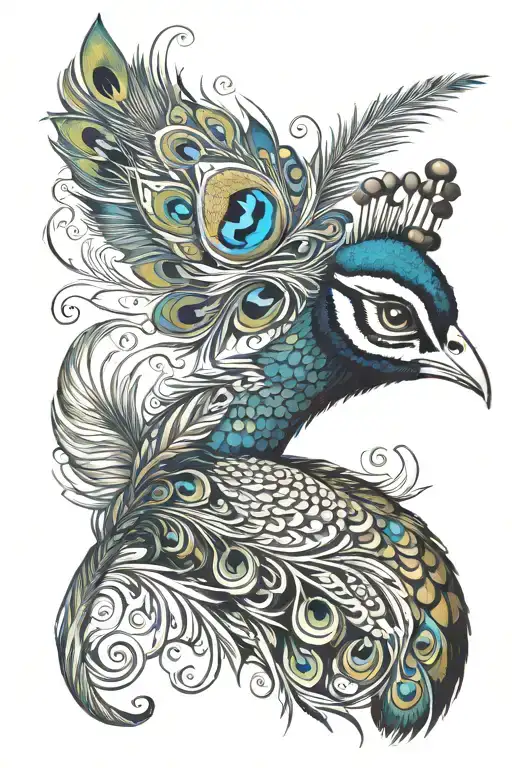 peacock feather and flute tattoo design idea