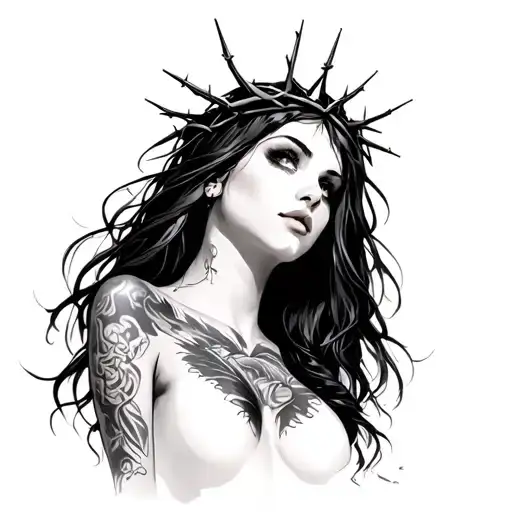 gothic, pretty female, looking up and left, with long and well kept hair,crown of thorns, with tattoos, black dress tattoo design idea