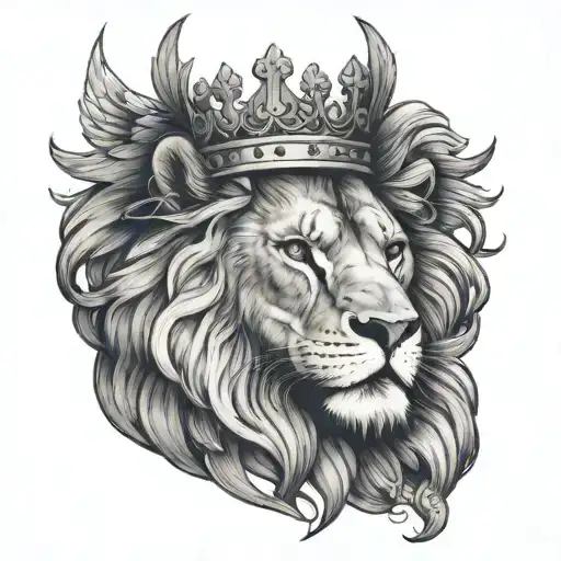 Angelic wing and lion with crown tattoo design idea