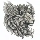 Angelic wing and lion with crown tattoo design idea