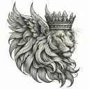 Angelic wing and lion with crown tattoo design idea