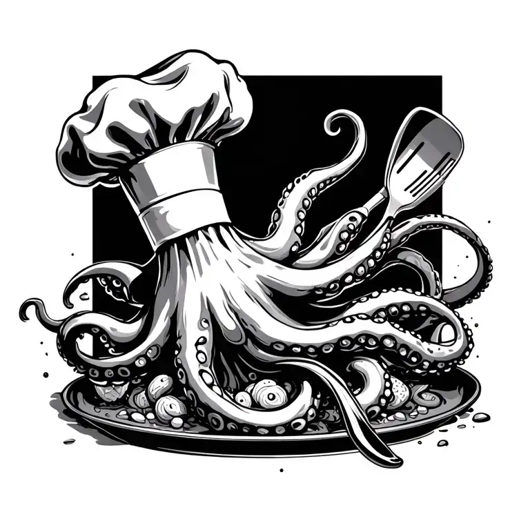 octopus chef cooking utensils hidden throughout combining tattoo design idea