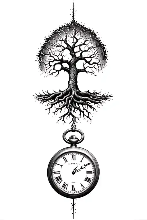 Tree of life intertwined with roots that wrap around and go into a cracked pocket watch tattoo design idea