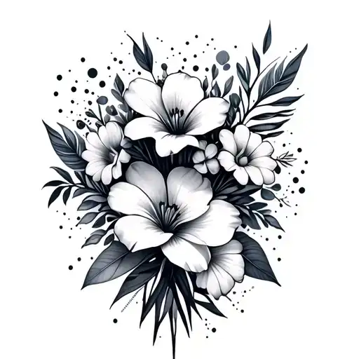A bouquet of exotic flowers intertwined with geometric shapes and dots tattoo design idea