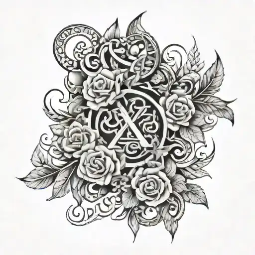 Mens half arm sleeve with flowers, viking runes, tendrils and valkyrie and kids names, Adele, Alex and josh. tattoo design idea