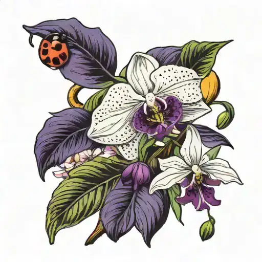 white and deep purple orchid branch with eaning moon and lady bug tattoo design idea
