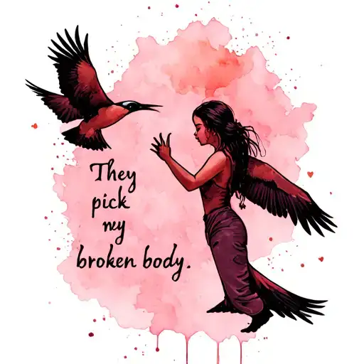 The text" They pick at my broken body" in a bold font and an image of a birds attacking a girl tattoo design idea
