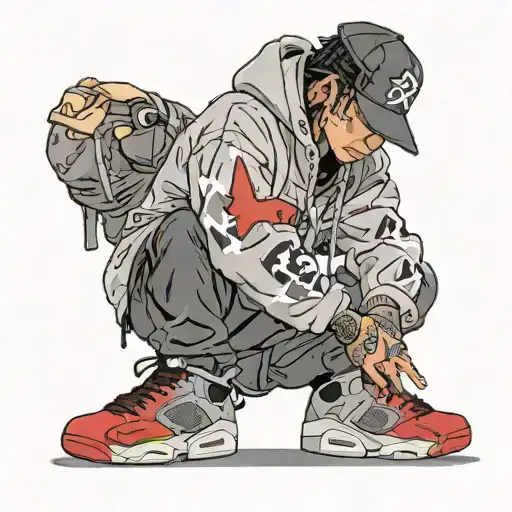 boy with a bape hoodie, wearing jordan 6 travis scott, red era snapback tattoo design idea