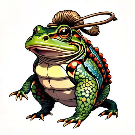 “Use the illustration of the samurai toad as a base and apply the same color style and palette as the Illustration of the Bun tattoo design idea