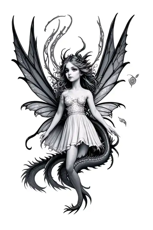 small fairy with dragon flying tattoo design idea